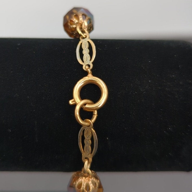 Vintage Fashion BRACELET 8" beaded opalescent amber faceted filigree caps