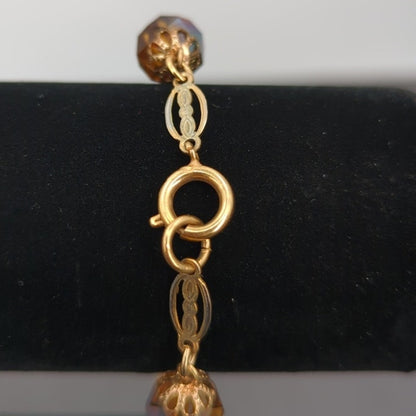 Vintage Fashion BRACELET 8" beaded opalescent amber faceted filigree caps
