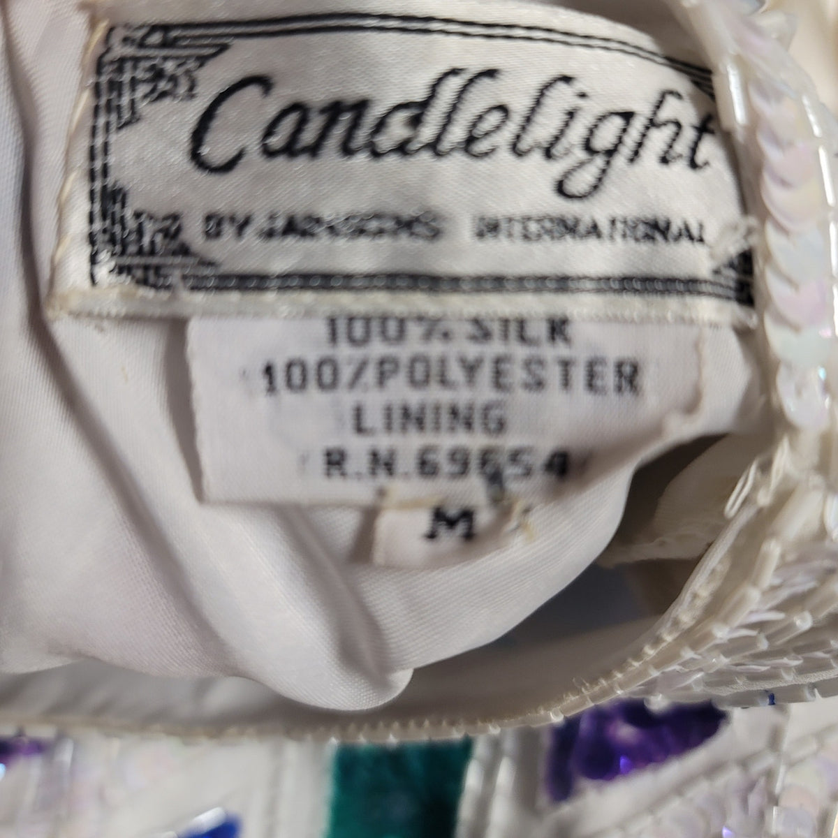 Candlelight Size Medium 80s Glam White Sequin Beaded Top silk Multicolor Diamond