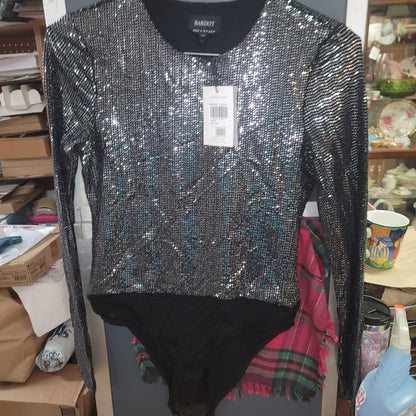 Bardot Black/ silver METALLIC THREAD bodysuit Long sleeve party top MEDIUM NEW