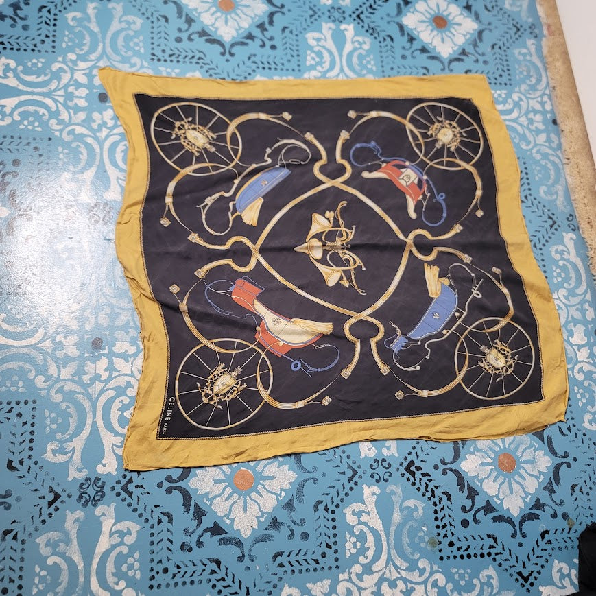 Celine Vintage Silk Scarf Nautical Belt Equestrian Motif 34 Inch FAIR condition