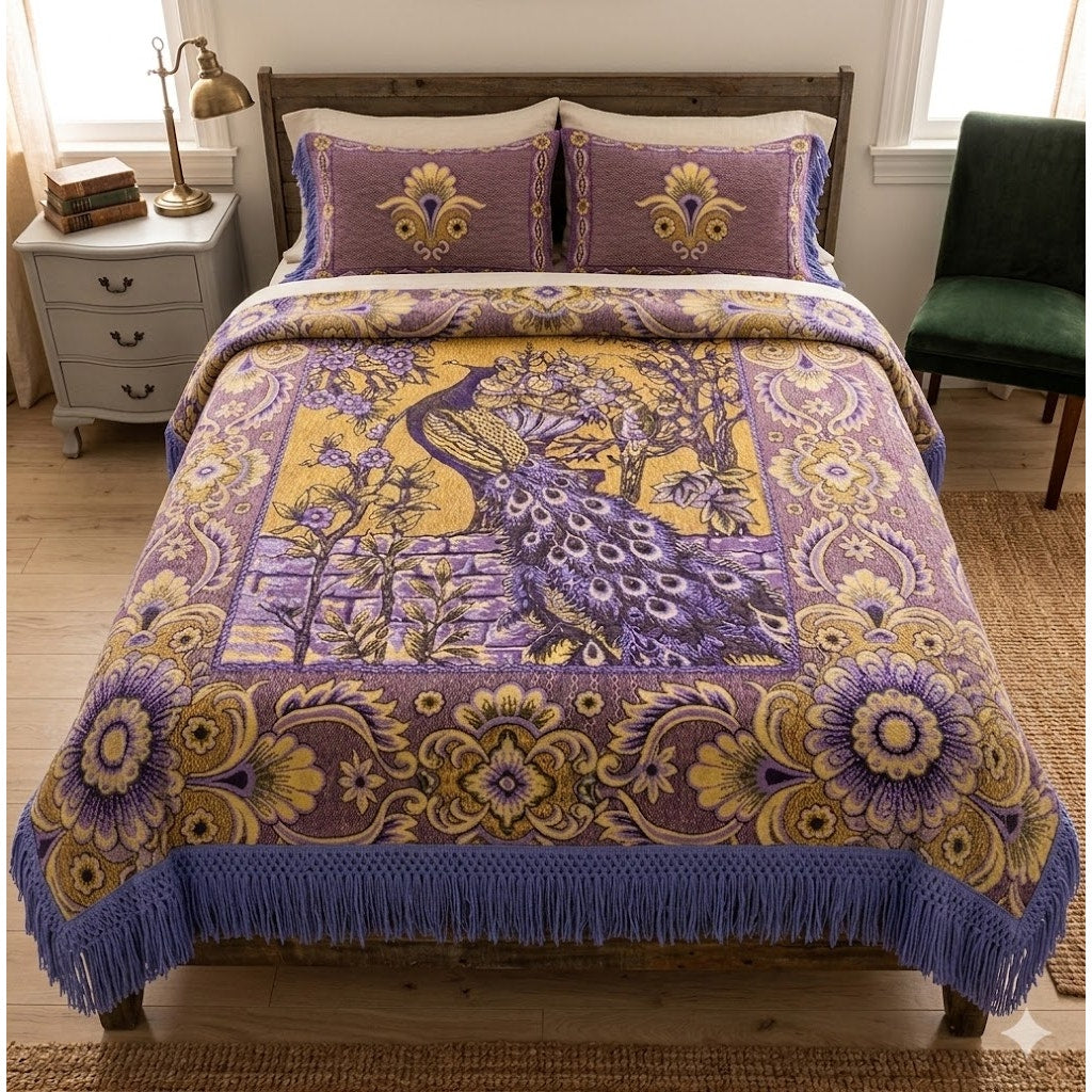 Vintage Regal Purple Peacock Tapestry Throw Blanket 80" x 89" Fringe Queen King