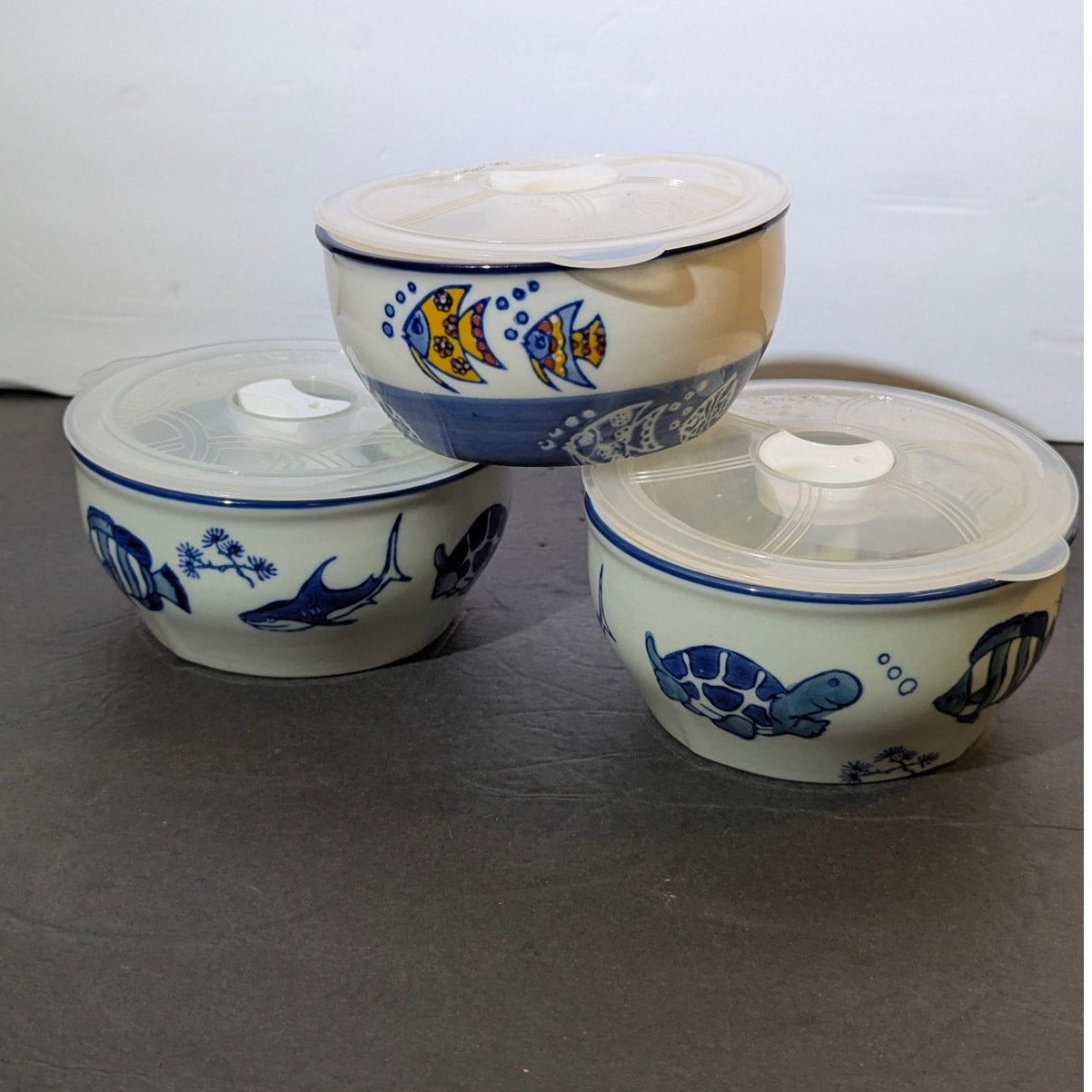 Yokohama Studio Set of 3 Hand-Painted "Marine Life" Covered Bowls Storage
