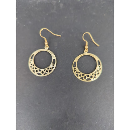 Gold Tone Openwork Filigree Circular Hoop Dangle Earrings