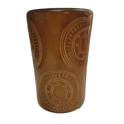 Wood vase brush cutlery holder Handmade carved turned tribal design 7" Organic