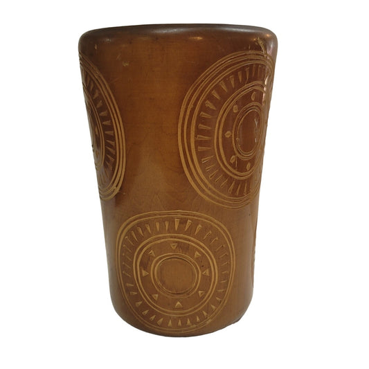 Wood vase brush cutlery holder Handmade carved turned tribal design 7" Organic