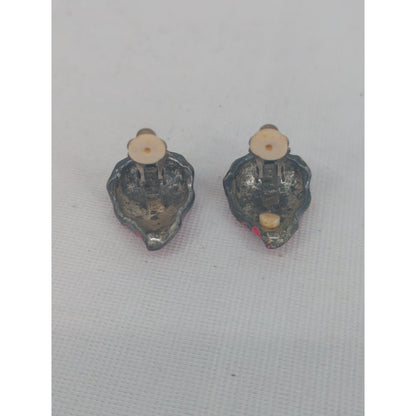 Vintage 1980s Bright Pink & Gunmetal Enamel Flame Clip-On Earrings