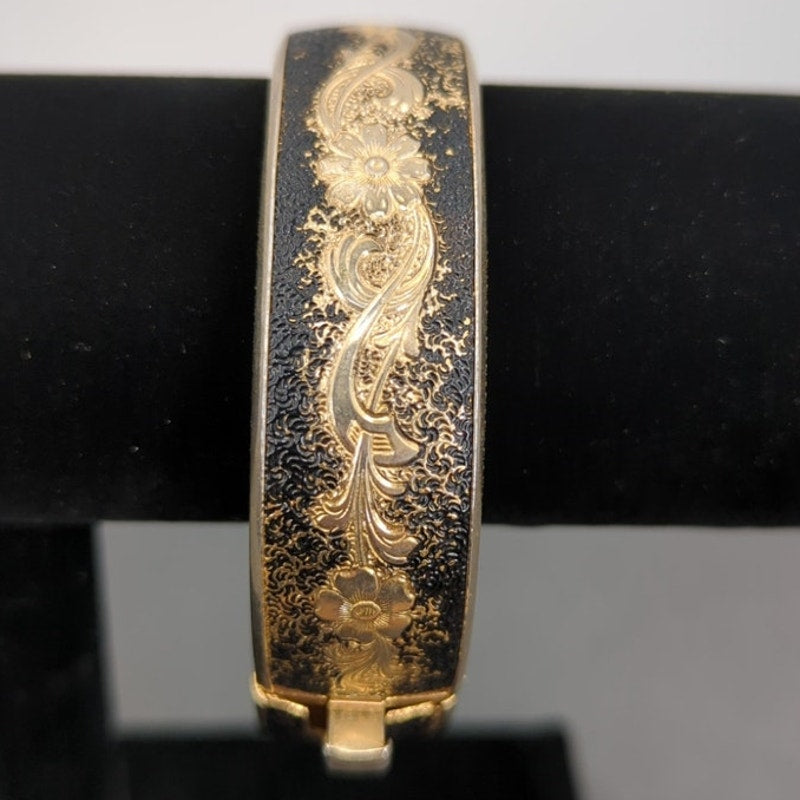 Vintage Fashion BRACELET Spanish Damascene Gold and Black Hinged Bangle