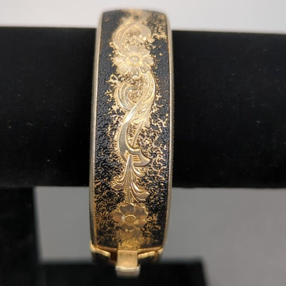 Vintage Fashion BRACELET Spanish Damascene Gold and Black Hinged Bangle