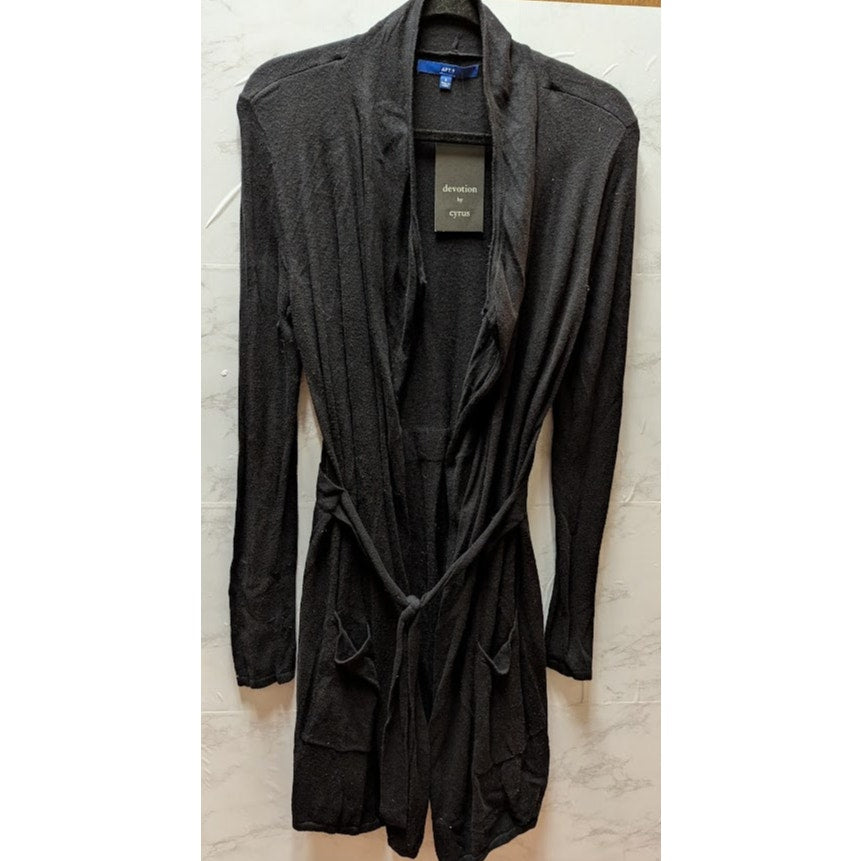 Apt 9 Black Open front long draping cardigan belted pockets Long sleeve
