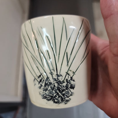 Handmade Cream and black reeds coffee mug signed KB art pottery organic
