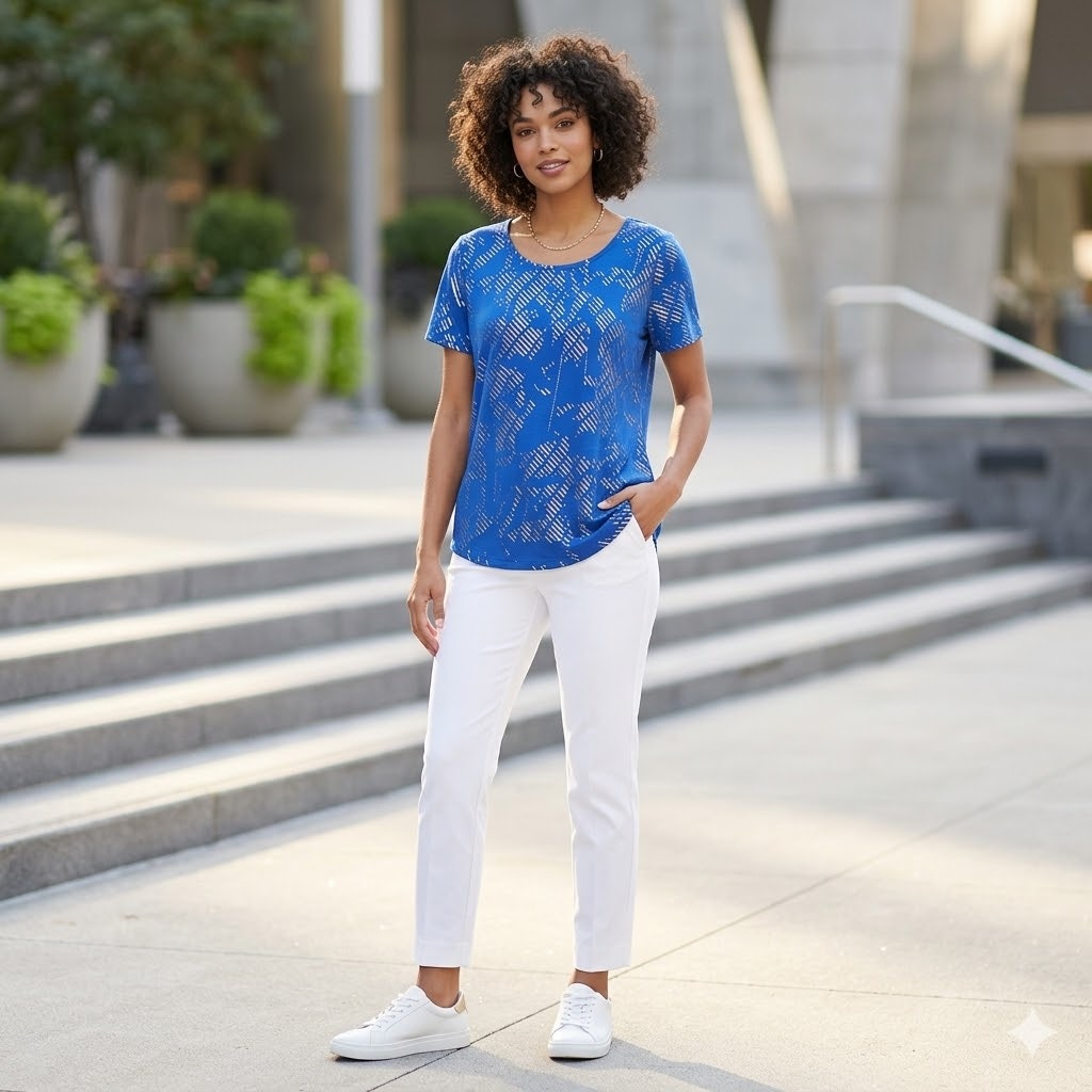 JM Collection Royal Blue Gold Metallic Print Top Short Sleeve Casual New