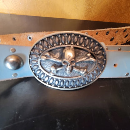 Hyde Blue Studded 1 3/4" wide Skull Crossbones Silver Buckle Italy Leather Belt