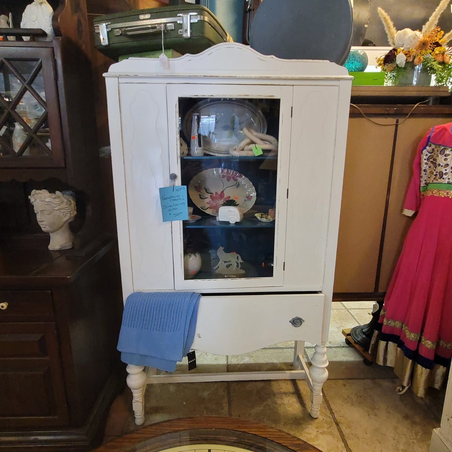 Secondhand Sandies: Farmhouse Charm White China Cupboard Cabinet Kitchen Hutch Blue inside