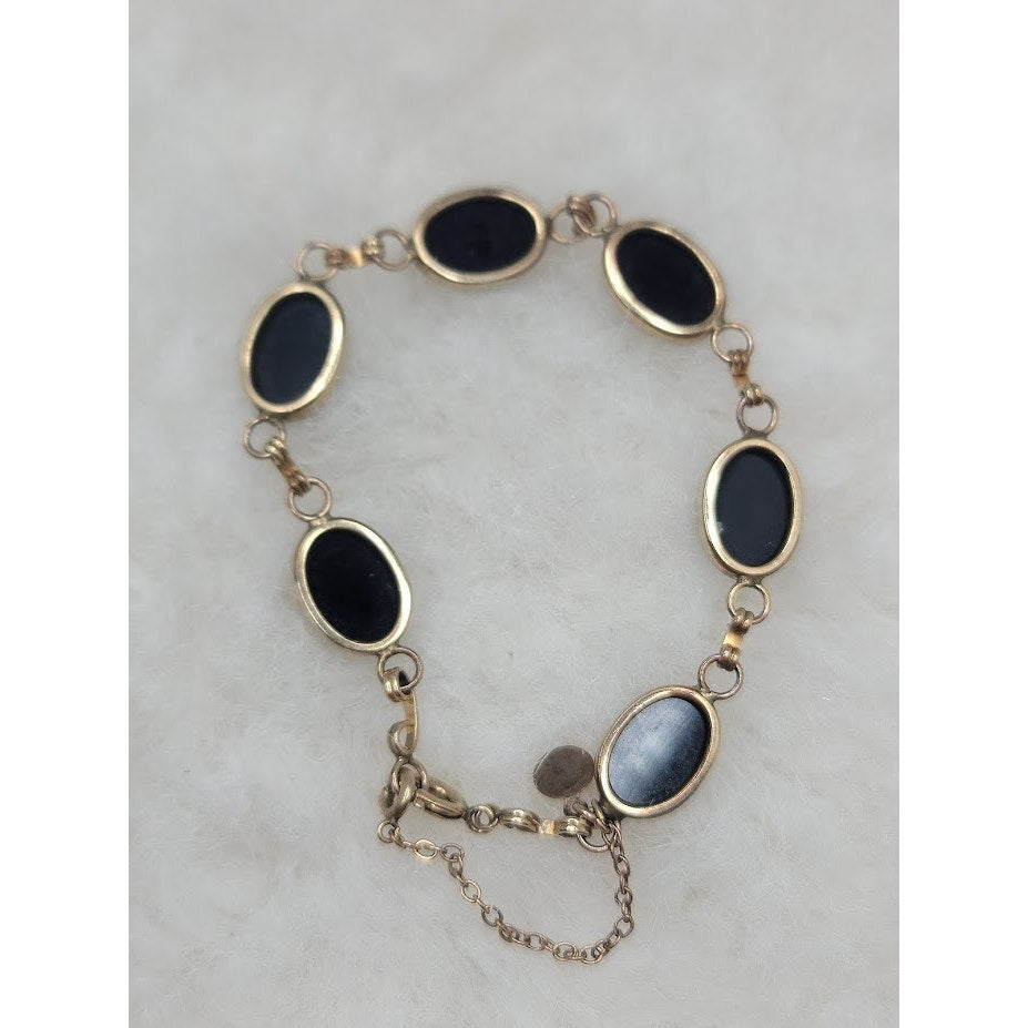 Vintage 12K Gold Filled Black Onyx Oval Link Bracelet Antique Co MidCentury Glam