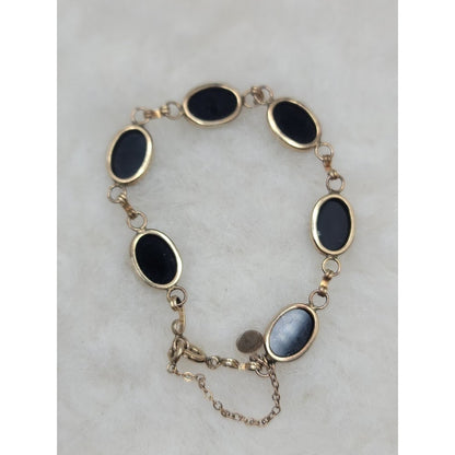 Vintage 12K Gold Filled Black Onyx Oval Link Bracelet Antique Co MidCentury Glam