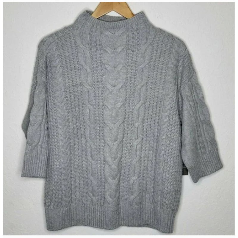 Vince Camuto Elbow Sleeve Cable Stitch Sweater Light Heather Grey Medium NEW
