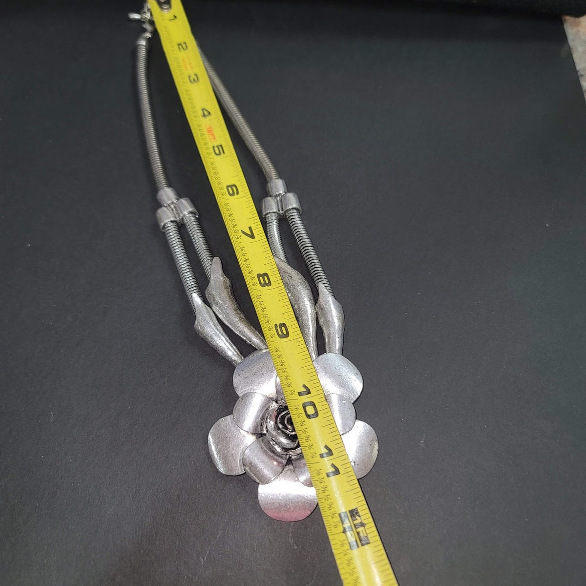 Heavy Metal Silvertone Necklace Flower Single into Double Strand Statement Pc.