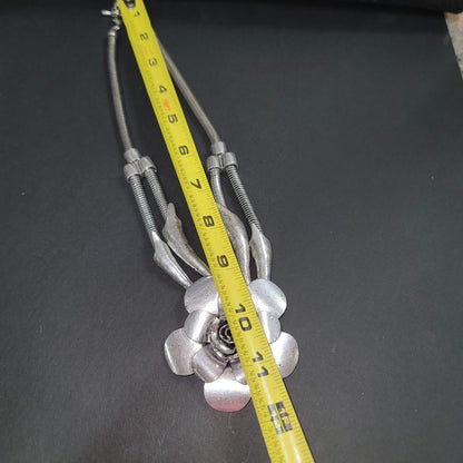 Heavy Metal Silvertone Necklace Flower Single into Double Strand Statement Pc.