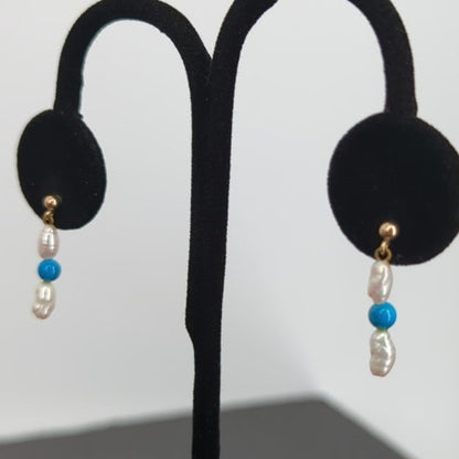 Vintage PIERCED Baroque 1" Earrings Freshwater Pearl blue bead dangle earrings