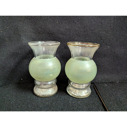 Vintage Frosted Green Hand-Painted Miniature Vases with Silver-Tone Bases - Pair