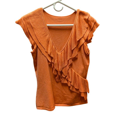 Vintage Ruffle V-Neck Top Womens Medium Orange Asymmetrical Cap Sleeve Blouse