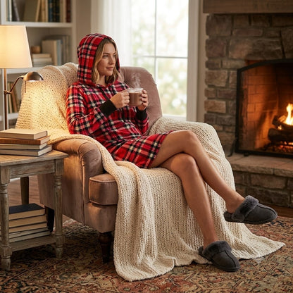Betsey Johnson Plaid Velour Fleece Hoodie Lounger MEDIUM long sleeve Red NEW