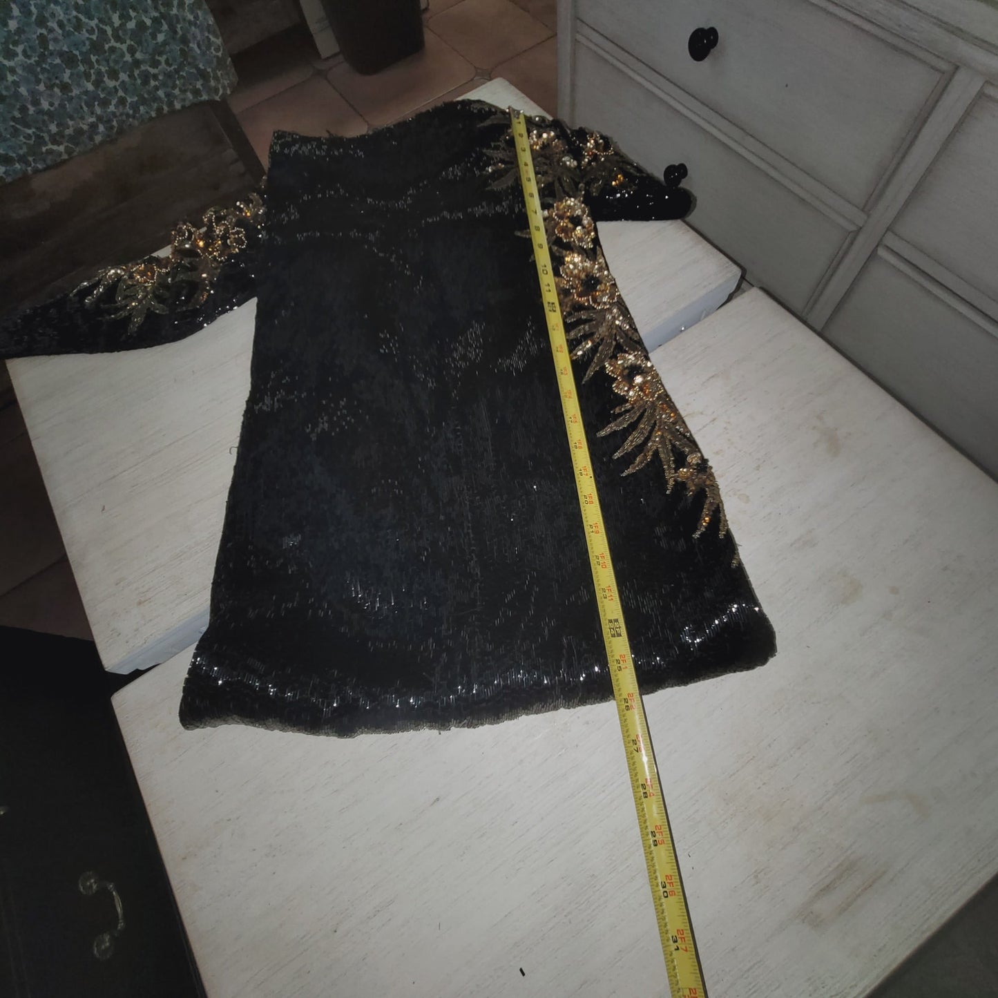 Sho Max SILK heavy beaded sequin dress 80s Vintage Formal SMALL gown Black Gold