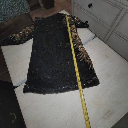 Sho Max SILK heavy beaded sequin dress 80s Vintage Formal SMALL gown Black Gold
