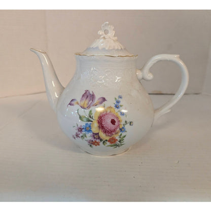 Vintage Schumann Arzberg Teapot German Porcelain Floral Gold Trim 7.5"