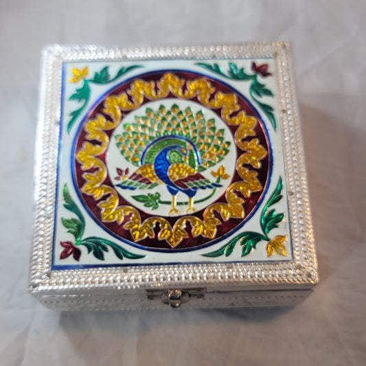 Keepsake Handicraft Peacock Design Jewelry STASH Box Silver Foil Metal Wrapped