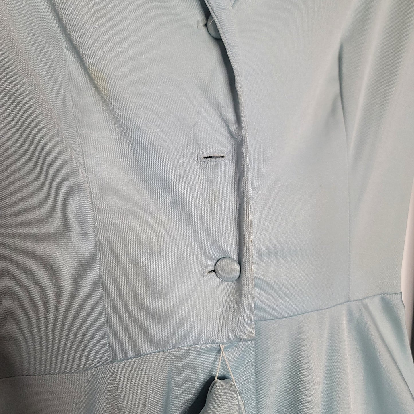 Vintage 70's Blue Fit Flare Dress Needs Repair Belted Long Sleeve Big Collar