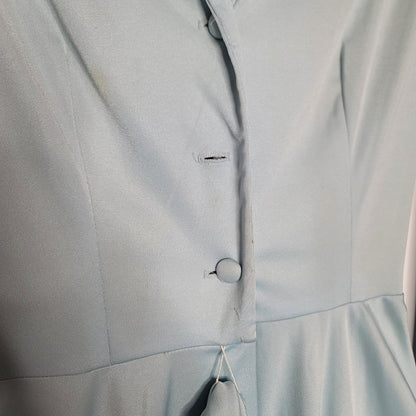 Vintage 70's Blue Fit Flare Dress Needs Repair Belted Long Sleeve Big Collar