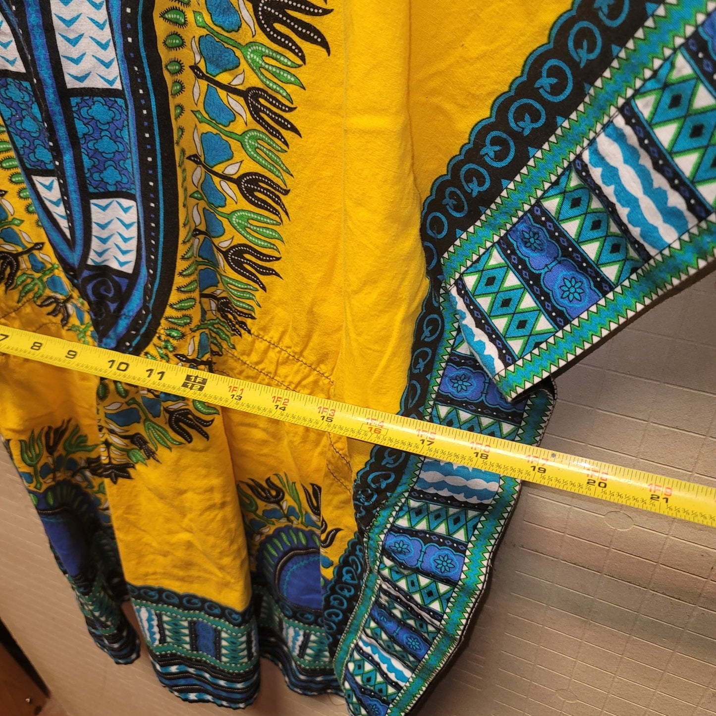 Dashiki Print Shirt Poncho Blouse Elastic Waist Cotton One Size Blue Yellow