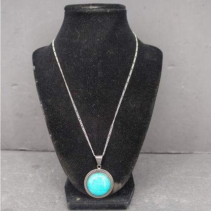 Vintage Sterling Silver Turquoise Cabochon Pendant Necklace Southwestern Boho