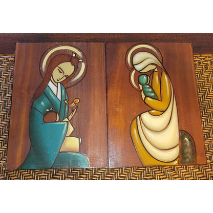 FUKUOKO SIGNED Vintage handpainted Japan mother child wall art wood plaque PAIR