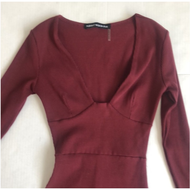 Naked Wardrobe NEW Wine Ribbed Long Sleeve Small BodyCon Dress Cocktail Party