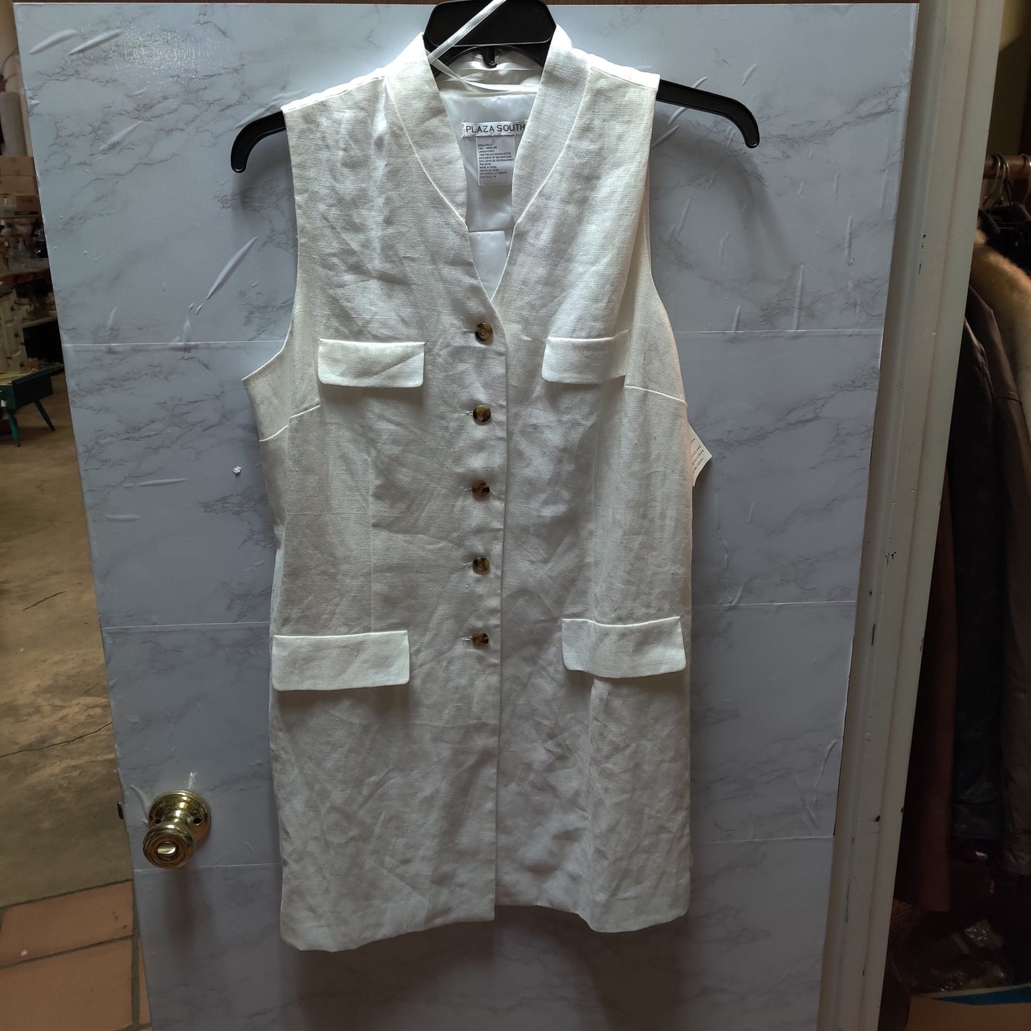 Plaza South White 100% Linen 2-Piece Vest Tunic and Pants Set NWT Size 18