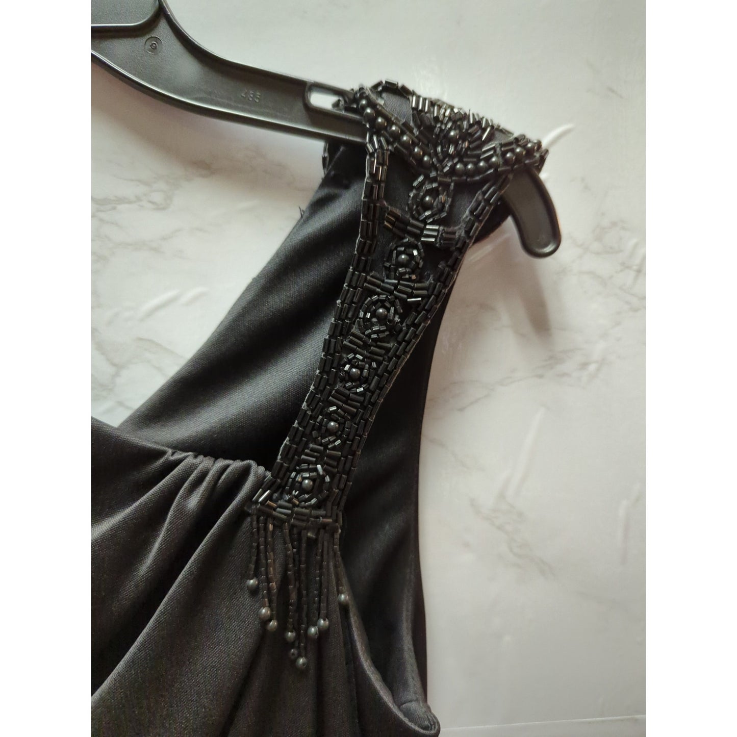 Vintage Black Asymmetrical Beaded Strap Satin Finish Midi Gown Dress Extra Small