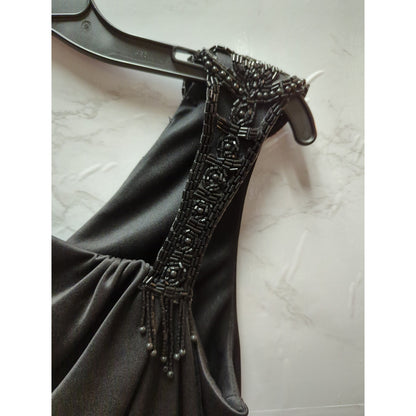 Vintage Black Asymmetrical Beaded Strap Satin Finish Midi Gown Dress Extra Small