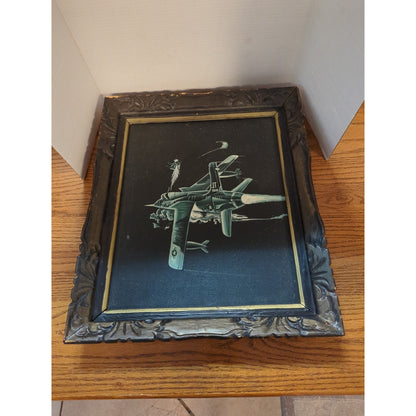 Vintage US Military Jet Fighter Ejection Scene Black Velvet Painting Carve Frame