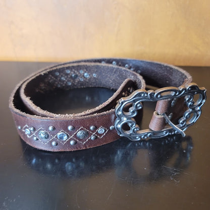 BKE Genuine Leather Large Belt Brown Studded Silver Buckle Boho Western