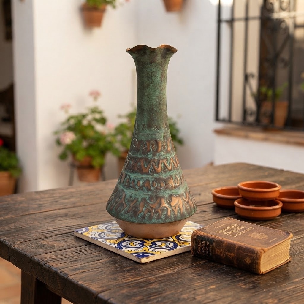 Vintage Hadar Handmade Spain Copper Verde Patina Hammered Vase