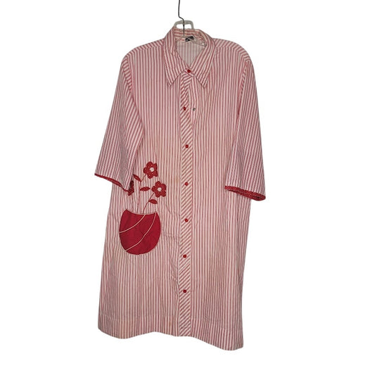 VINTAGE Red White Striped Models Coat Housecoat Housedress Large Pocket Snaps