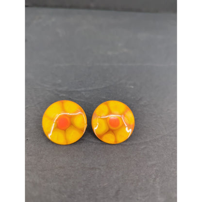 Vintage W. Germany Hand Painted Enameled Metal ClipOn Earrings Orange Yellow