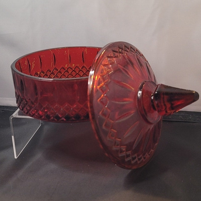 Vintage Flashed Ruby Red Glass Lidded Vanity Powder Jar Candy Dish Gothic