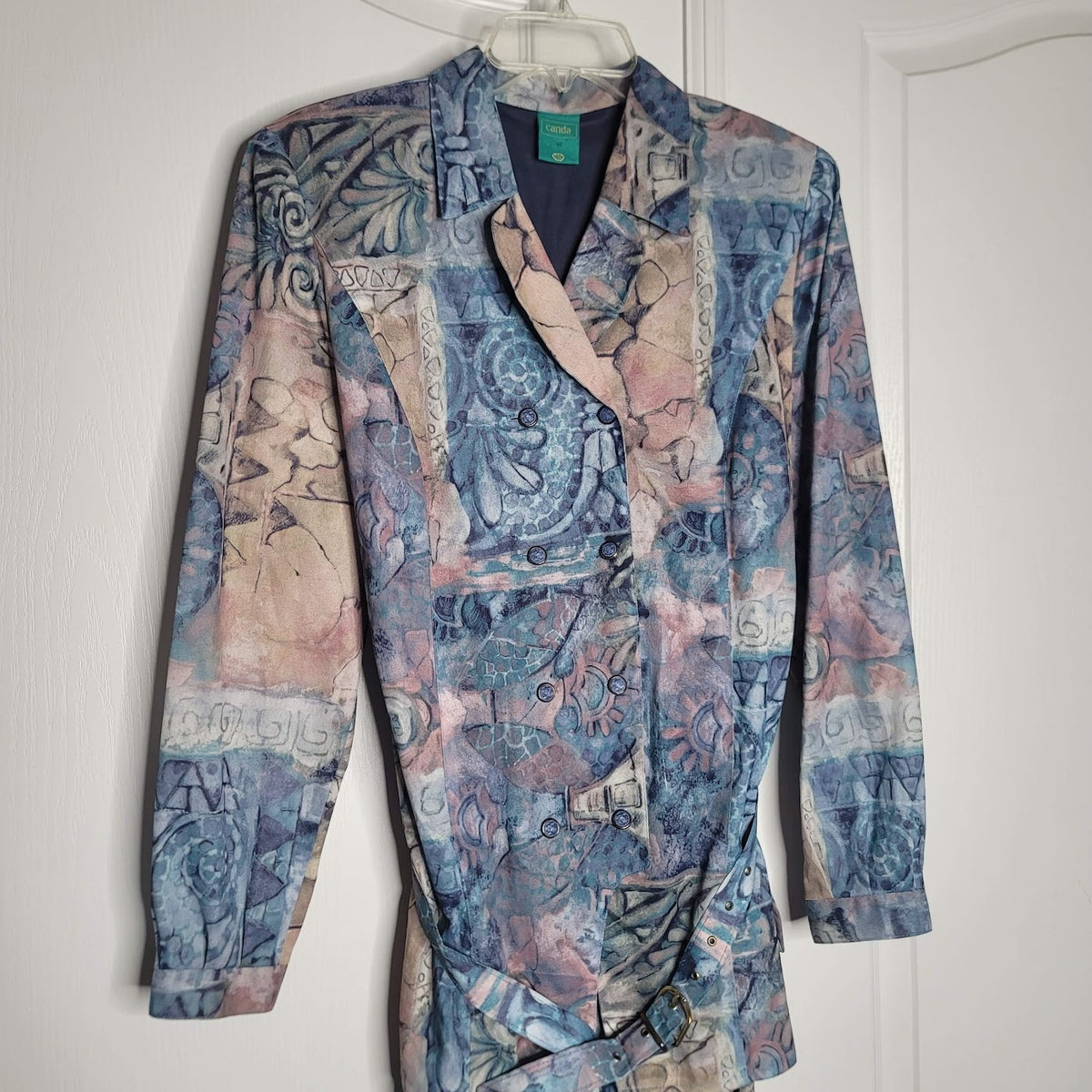 Canda 80s Vintage Pleated Geometric Multi Blue Dress Belted Long Sleeve Large