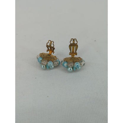 Vintage Japan Blue Peach Beaded Cluster Clip On Statement Earrings Faux Pearl