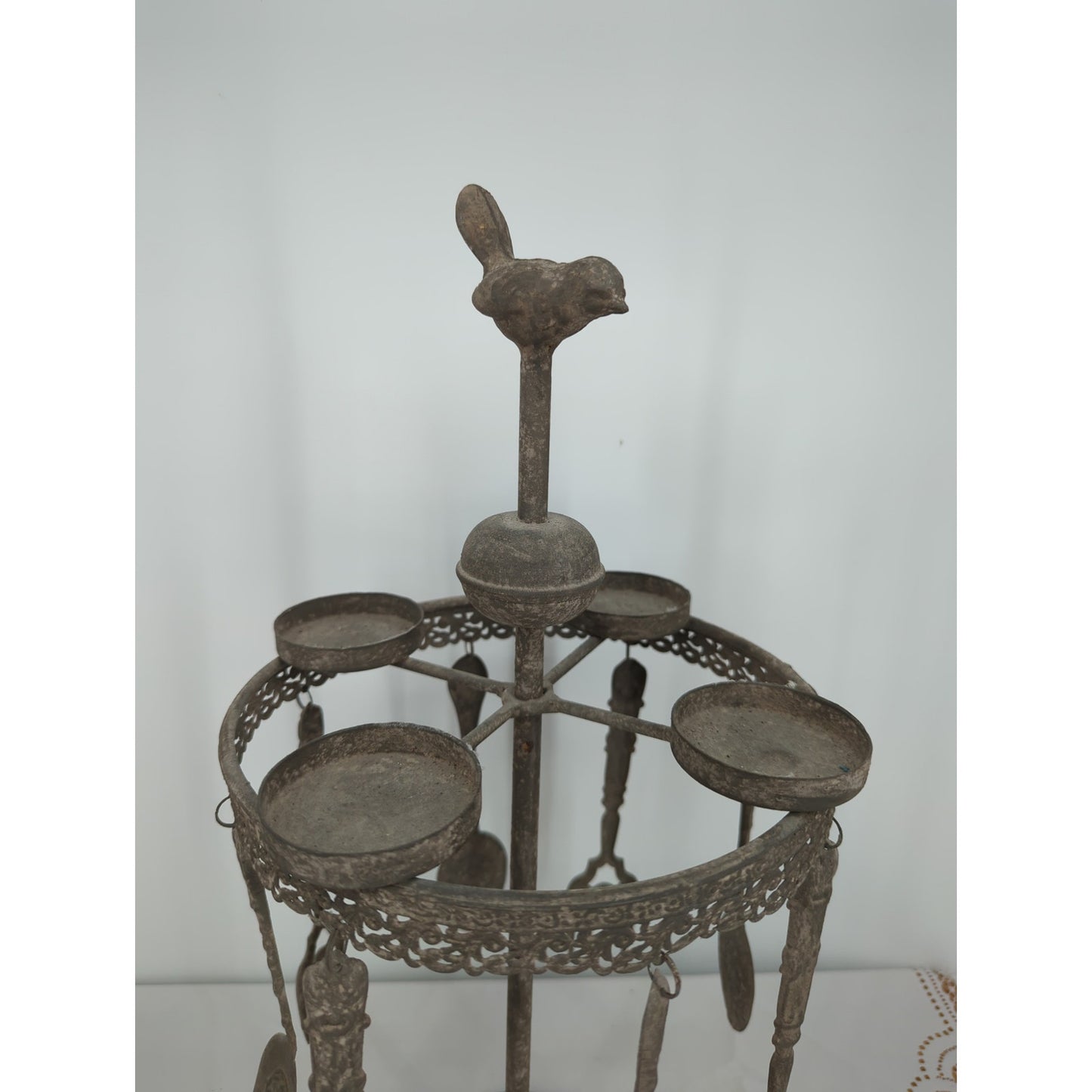 Antique Cast Metal Bird Revolving Candelabra & Cutlery Server Heirloom