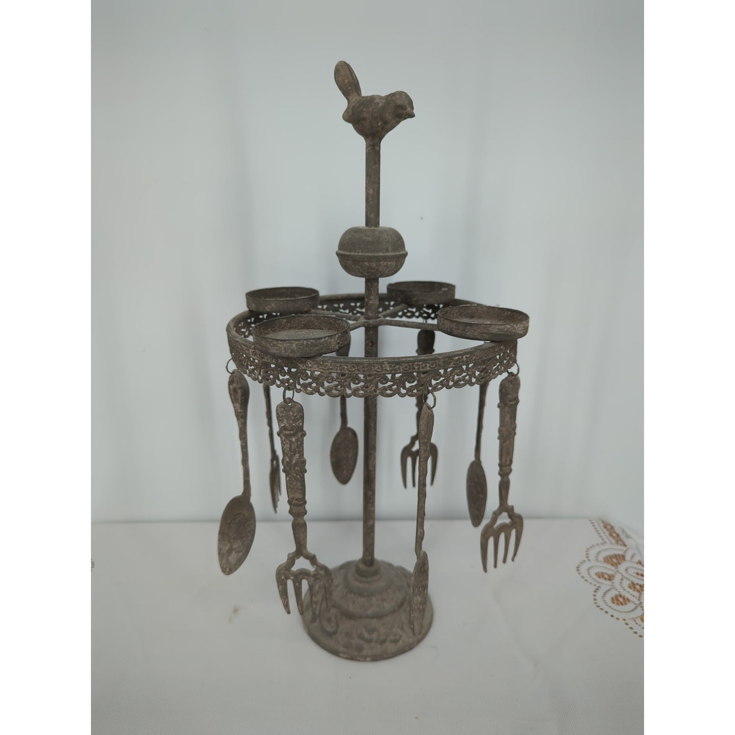 Antique Cast Metal Bird Revolving Candelabra & Cutlery Server Heirloom